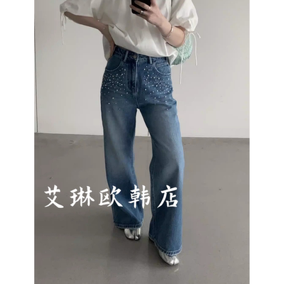 卡蔓韩标2939春款钉珠牛仔裤微喇