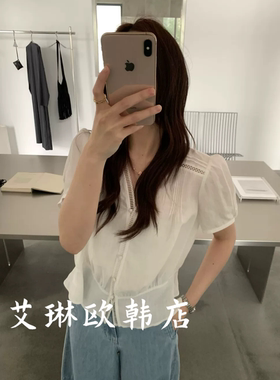 sicily miluroom米鹿9112夏季韩系甜美蕾丝镂空V领压皱短袖衬衫女