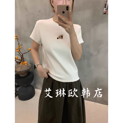3037欧货小狗印花刺绣短袖T恤