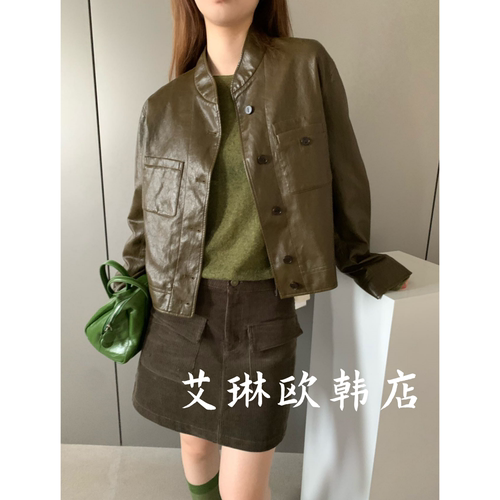 22273-1韩系立领单排扣短款皮衣