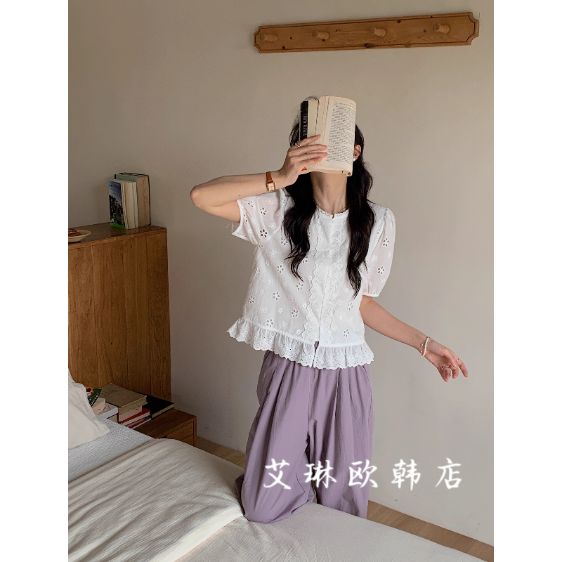 4.24~土布鱼6279夏款新圆领拼接蕾丝花边钩花镂空泡泡短袖衬衫女