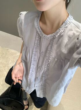 特价不退卡蔓诗KMS30888夏款圆领泡泡袖亚麻莱赛尔木耳边上衣衬衫