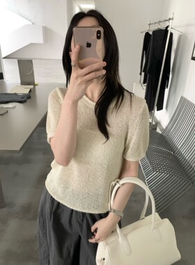 miluroom sicily米鹿59036夏韩系进口和纸纱圆领纯色短袖针织衫
