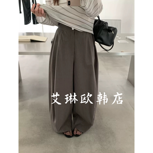1212后松紧腰亚麻阔腿裤气球裤女