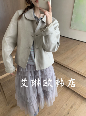 特价卡蔓诗kamanshi30809春款韩系减龄娃娃领休闲PU皮衣短外套女