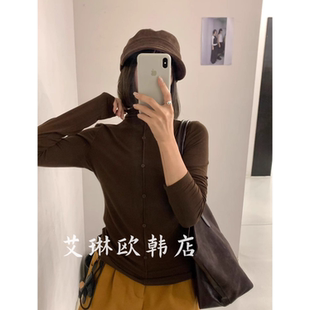 福利土布鱼7117秋冬款半高领修身弹力百搭单排扣羊毛打底衫T恤女