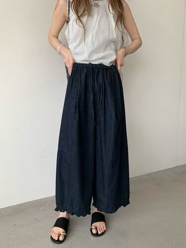 TOP83312韩系松弛感松紧腰水洗花边裤脚洋气显瘦百搭薄款牛仔裤