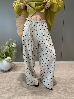 卡蔓诗KMS30923夏款松紧腰波点阔腿裤女亚麻加莱塞尔长裤配腰带
