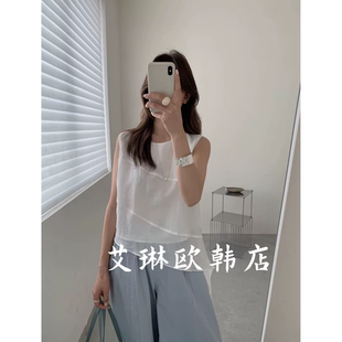4.18~土布鱼7897夏款韩系小众设计感不规则无袖莱赛尔苎麻衬衫女