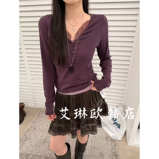 新袖26156秋季新款韩系纯欲风网纱吊带背心+V领长袖T恤两件套装女