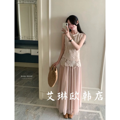 8980蕾丝衫吊带网纱裙三件套装女