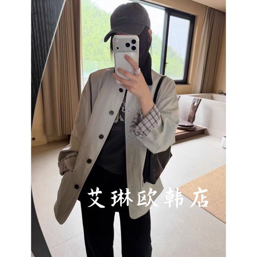 54142韩系复古格子拼接风衣外套