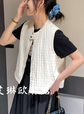 3.19~6035春款 日本单 重工绗缝肌理感格纹褶皱休闲宽松马甲女