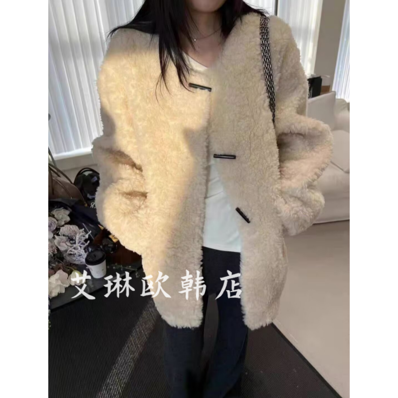 7796冬款欧货皮毛一体中长外套女