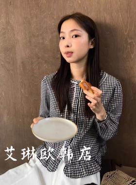 miluroom sicily米鹿1209春款日系娃娃领蕾丝拼接格子花边衬衫女