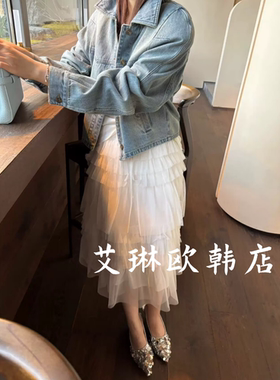 2.26~卡蔓OQQOMM521春款松紧腰抽绳温柔风中长网纱半身裙蛋糕裙女