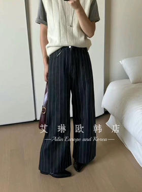 福利不退67008秋老钱风高腰显瘦百搭条纹直筒阔腿休闲牛仔裤子女