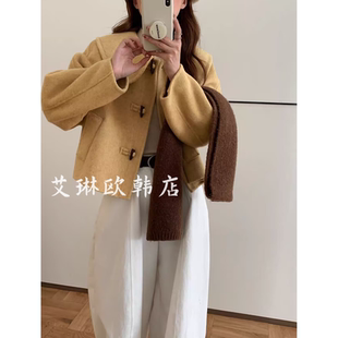 66052秋冬款韩系娃娃领100高支澳毛牛角扣双面羊绒大衣短外套女