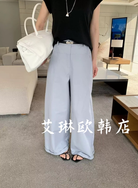 9roove九禾30169~夏款配腰带显瘦百搭翻边简约直筒阔腿裤休闲裤女