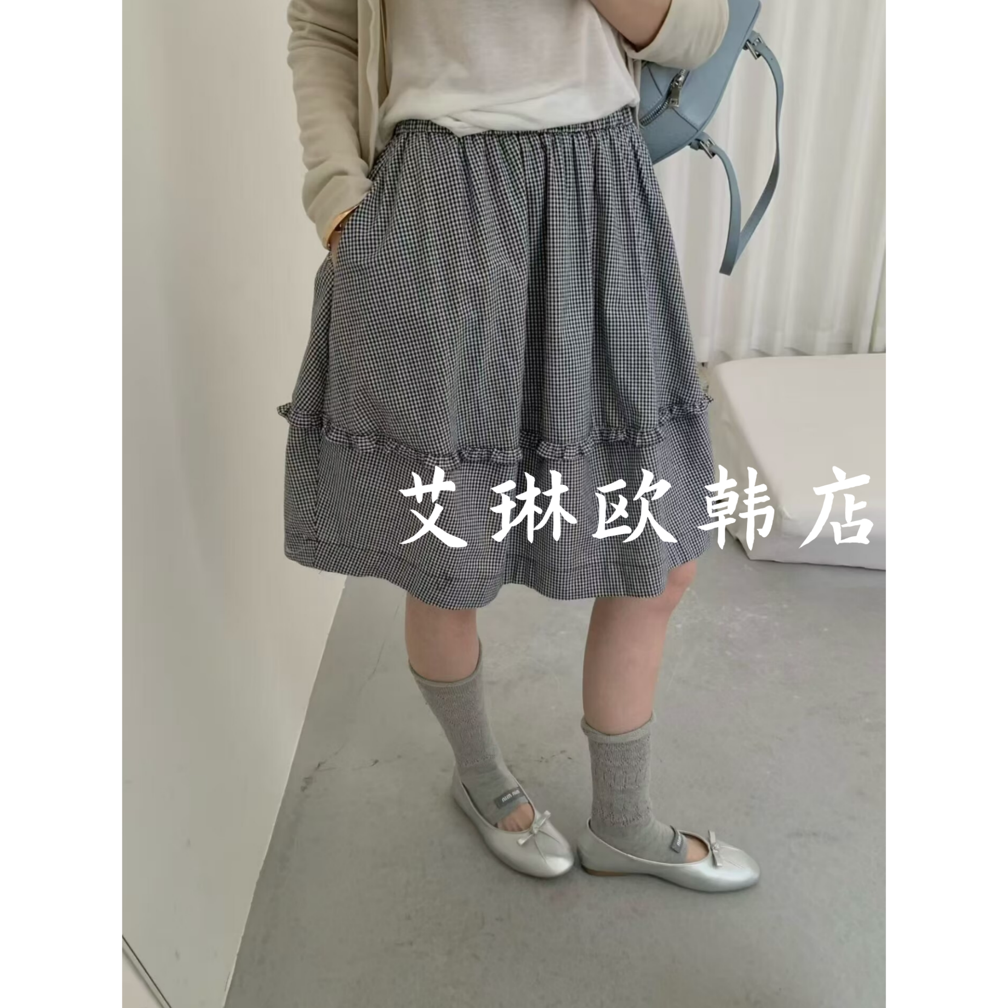 4.4~土布鱼7790夏装新款韩系甜美松紧腰木耳边格子半身裙女