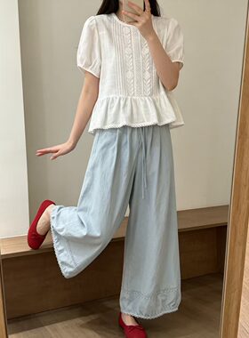 onetwo 66402韩系夏款甜美法式刺绣花纹百搭短袖衬衫