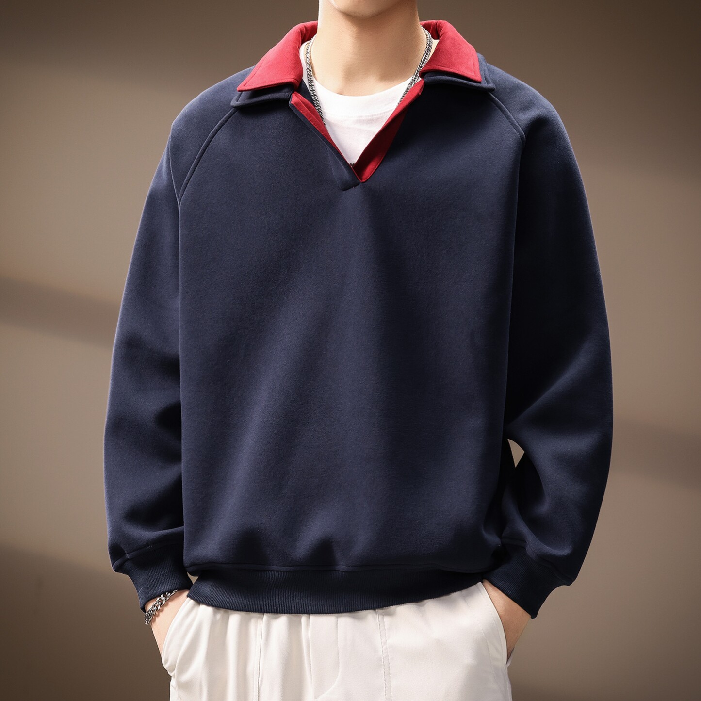 高级感法式翻领假两件Polo衫男秋季新款32支休闲宽松潮牌套头卫衣