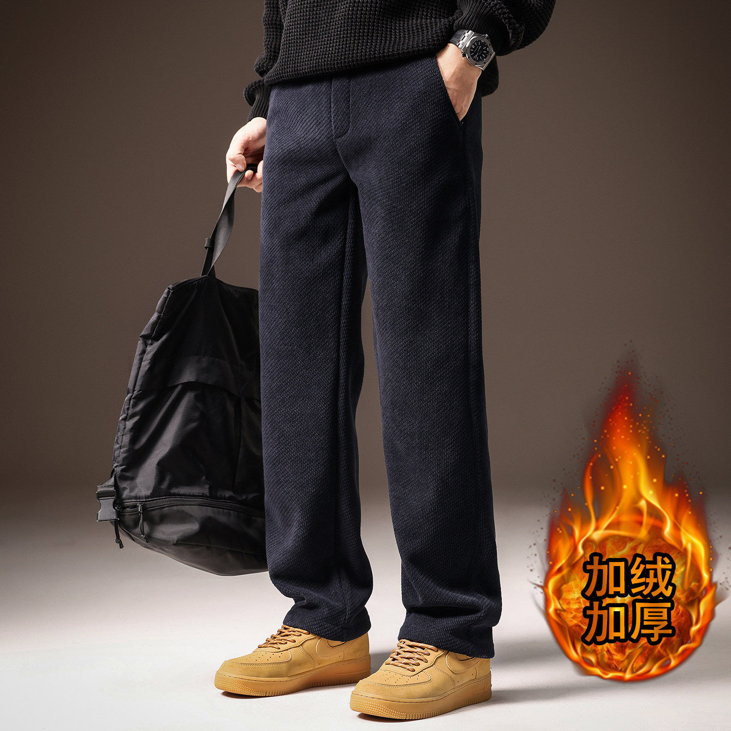 高端加绒加厚男士休闲裤冬季新款雪狐绒保暖宽松直筒运动长裤子男