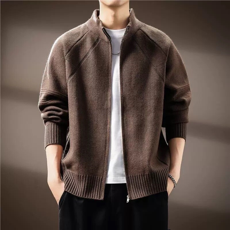 高端930g重磅开衫毛衣男士外套春秋宽松慵懒风美式休闲拉链针织衫