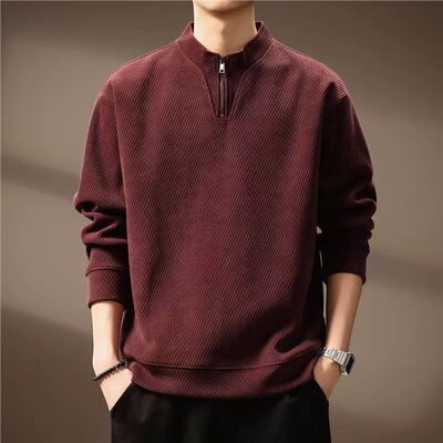 高端500g纹理感美式重磅卫衣男士秋季加绒休闲宽松半拉链立领上衣