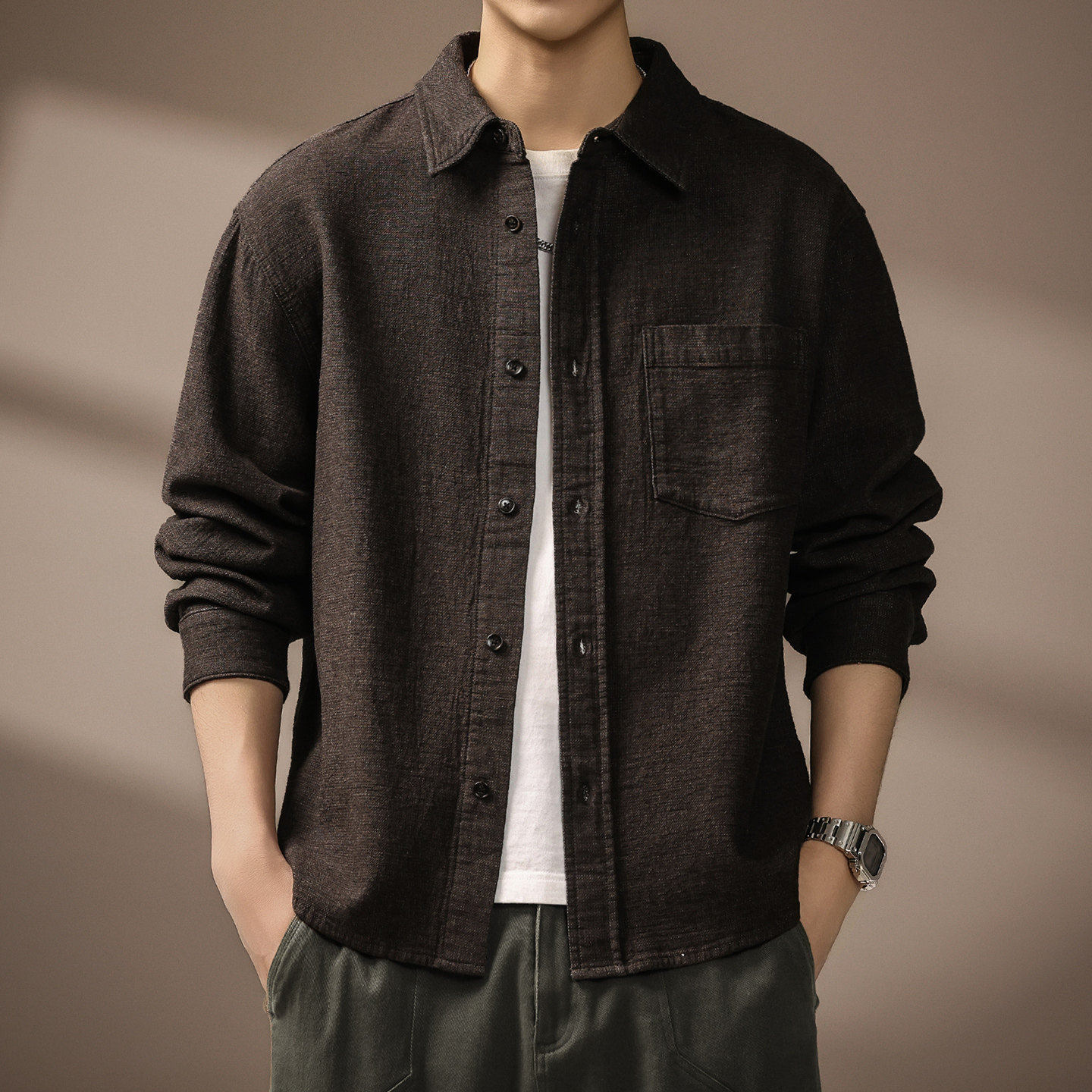 高端老钱风仿麻肌理长袖衬衫男士春秋新款宽松纯棉高级感衬衣外套