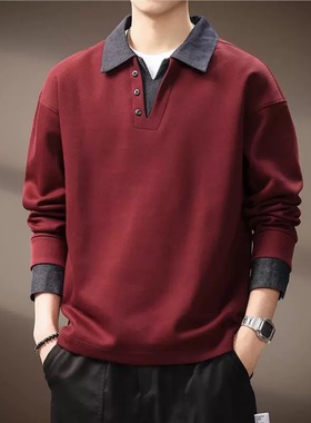 高端假两件撞色拼接重磅牛仔Polo衫男秋季美式复古宽松翻领卫衣男