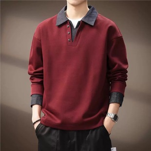 高端假两件撞色拼接重磅牛仔Polo衫男秋季美式复古宽松翻领卫衣男
