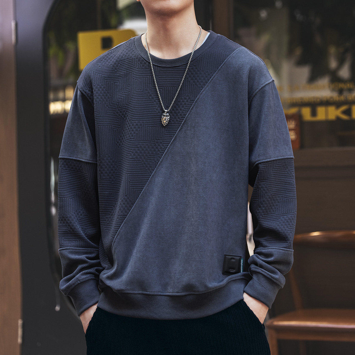 格蓝鹿高端美式复古拼接长袖卫衣男2026春秋新款宽松灰蓝色上衣男