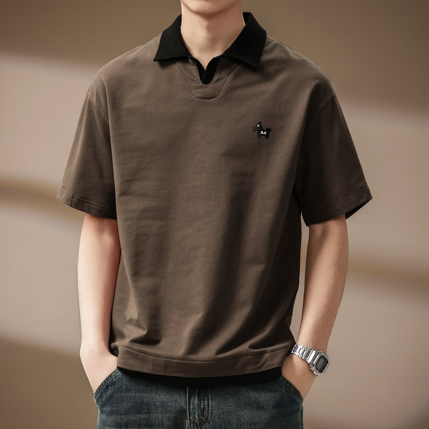 高端美式纯棉刺绣海鸥领Polo衫男2026夏季重磅潮流撞色短袖t恤衫