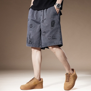 高端美式重磅涂鸦印花短裤男夏季复古水洗宽松纯棉休闲工装五分裤