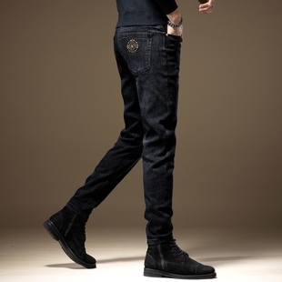 欧洲站高端潮牌印花牛仔裤男秋季加绒韩版轻奢弹力休闲修身小脚裤