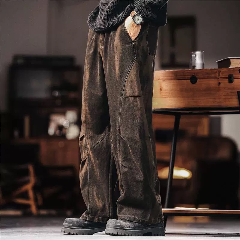 格蓝鹿美式复古重工水洗扎染工装牛仔裤男款秋季阔腿弯刀休闲裤子