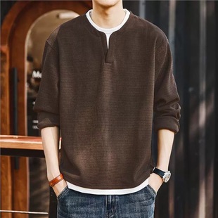 格蓝鹿高端咖色假两件V领长袖T恤男秋冬季加绒内搭卫衣打底亨利衫