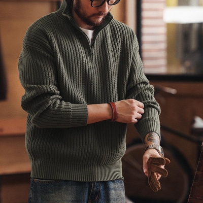 格蓝鹿美式复古竖条纹立领毛衣男款秋冬季新宽松休闲半拉链针织衫