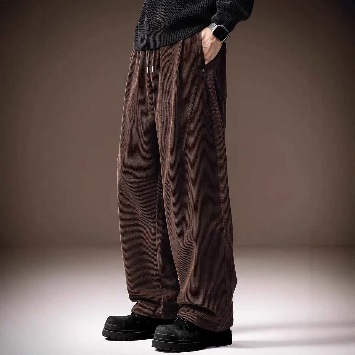 高端美式重磅慵懒风灯芯绒男士休闲裤秋季宽松直筒阔腿老爹弯刀裤