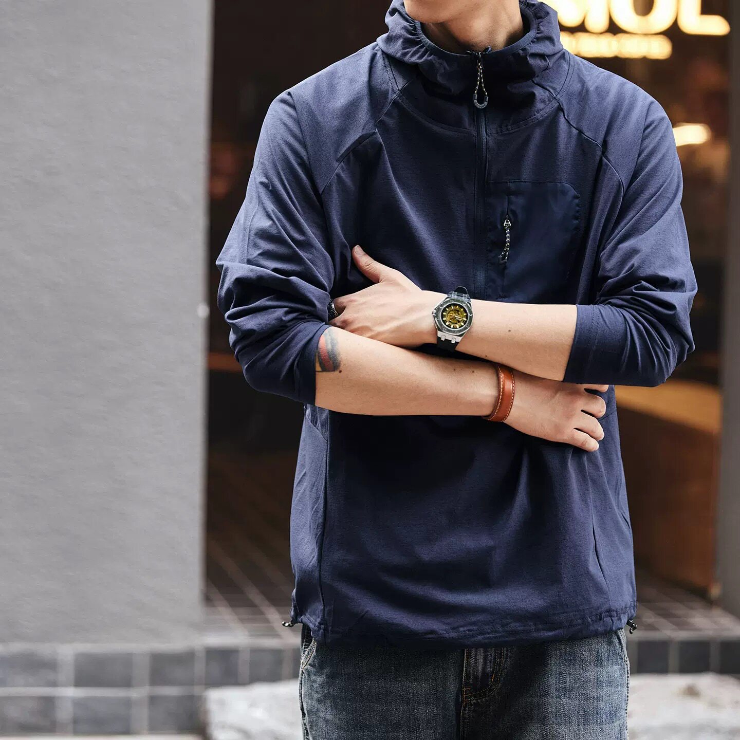 格蓝鹿美式户外骑行运动速干连帽长袖T恤男宽松登山徒步上衣外套