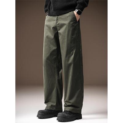 高端日系复古纯棉男士休闲裤春秋新款纯色简约宽松直筒阔腿长裤男