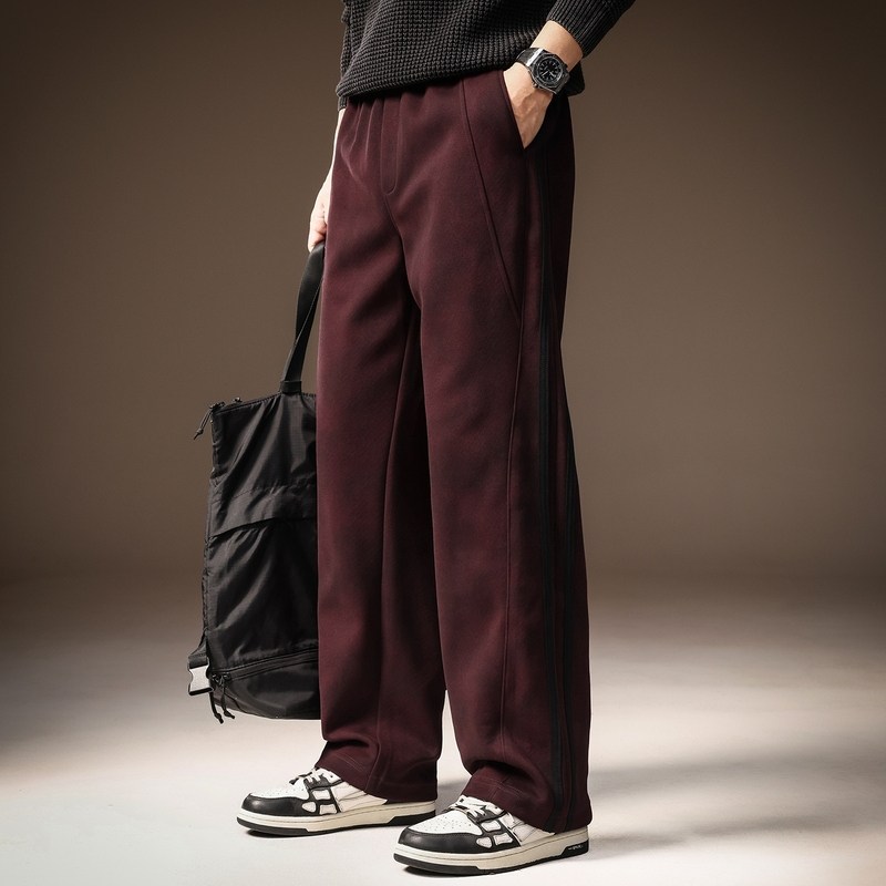 高端美式复古重磅针织休闲裤男士春秋宽松直筒阔腿条纹运动卫裤子