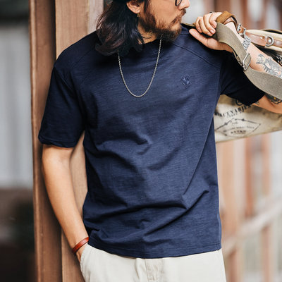 格蓝鹿美式重磅复古竹节棉短袖T恤男士春夏新款宽松刺绣圆领体恤