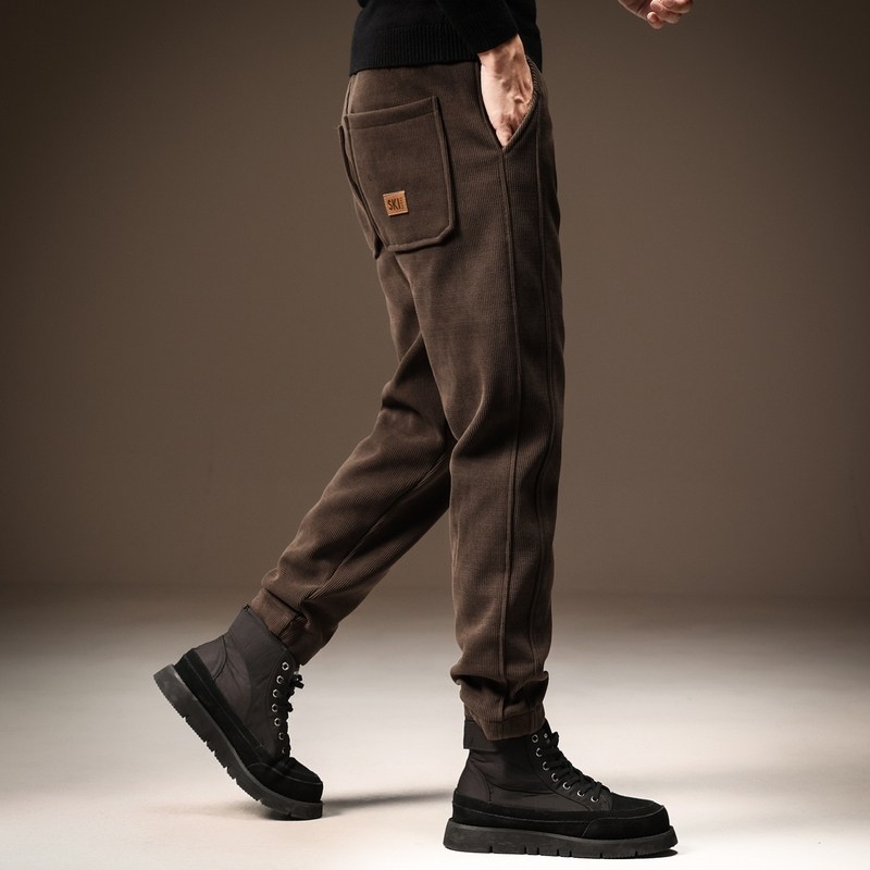 高端重磅加绒加厚雪尼尔运动休闲裤男秋冬宽松灯芯绒束脚哈伦卫裤