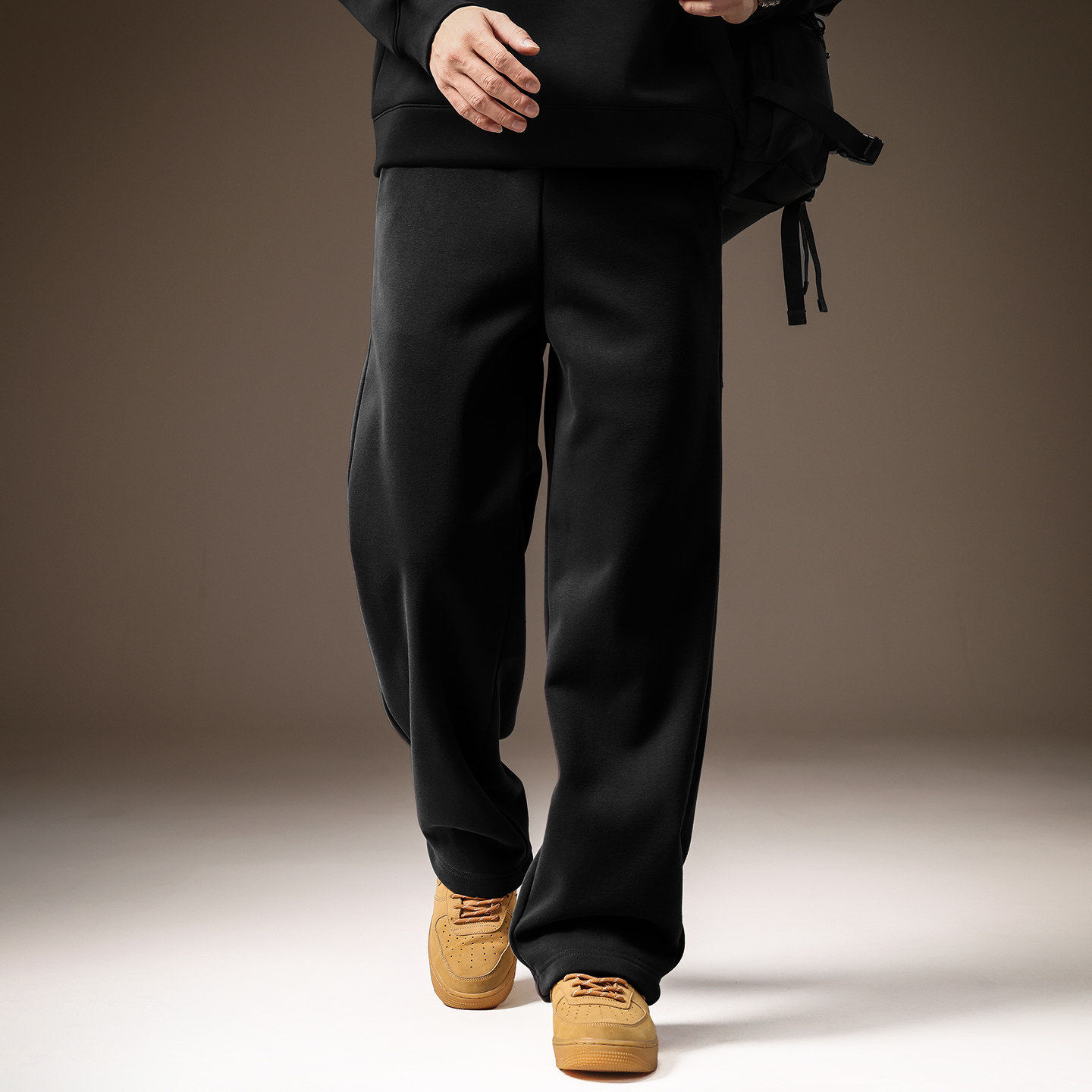 高端美式运动卫裤男冬季加绒重磅宽松直筒阔腿垂感弯刀休闲裤子男