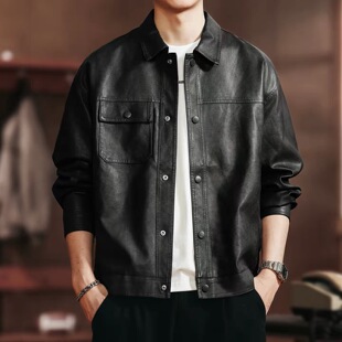 格蓝鹿美式复古短款PU皮衣外套男士秋冬新款潮流宽松痞帅机车夹克