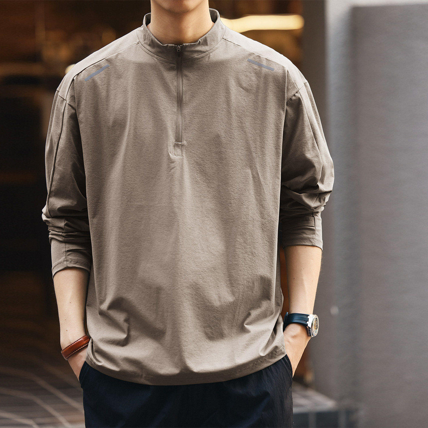 格蓝鹿美式户外运动半拉链长袖T恤男春秋徒步登山速干半高领上衣