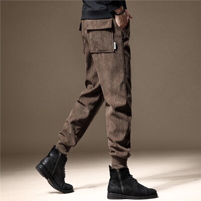 高端肌理感条纹灯芯绒休闲裤男秋季重磅加绒宽松运动哈伦卫裤裤男
