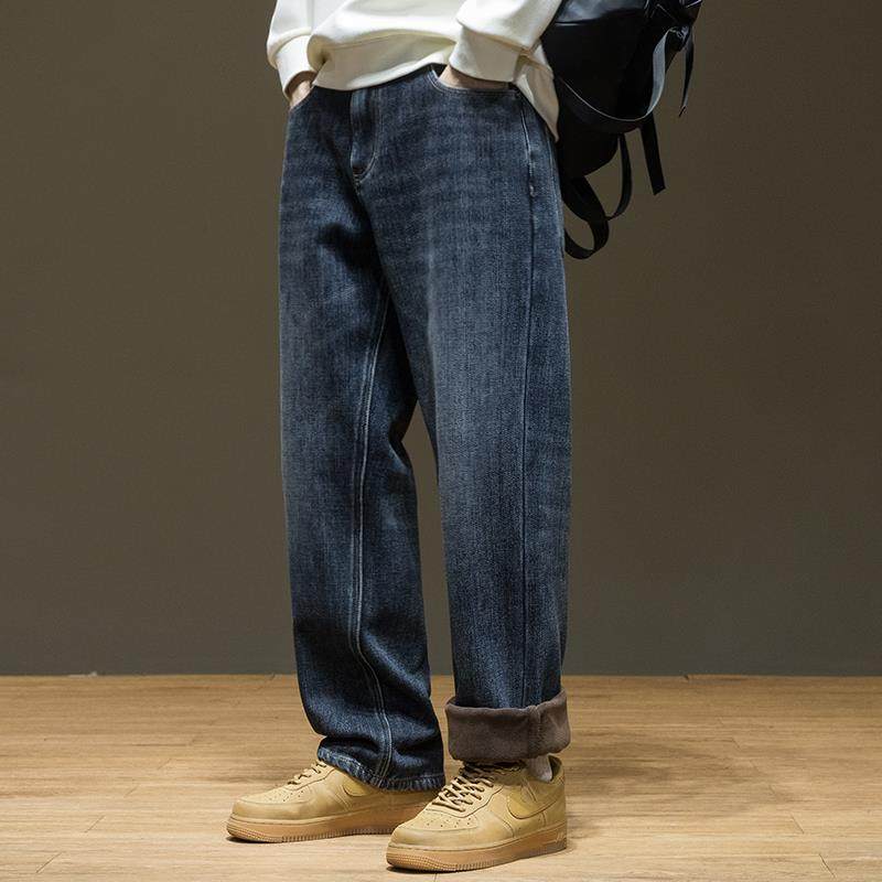 美式复古水洗春秋直筒牛仔裤男士2025冬季新款宽松大码加厚休闲裤